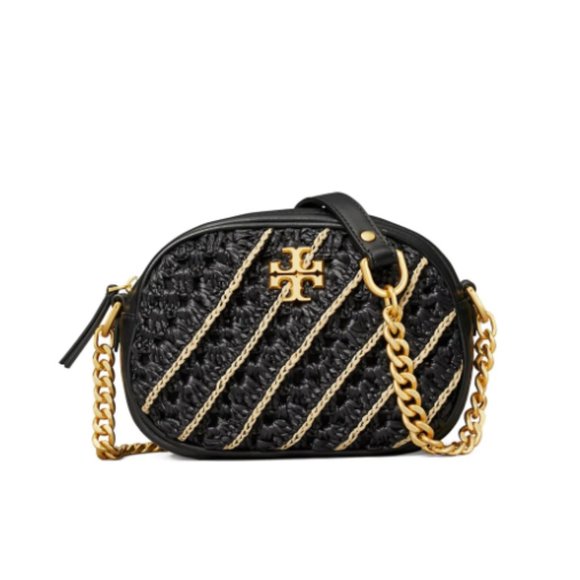 Tory Burch 'Kira' Small Woven Crochet Logo-T Camera Shoulder Bag in Black (NEW)